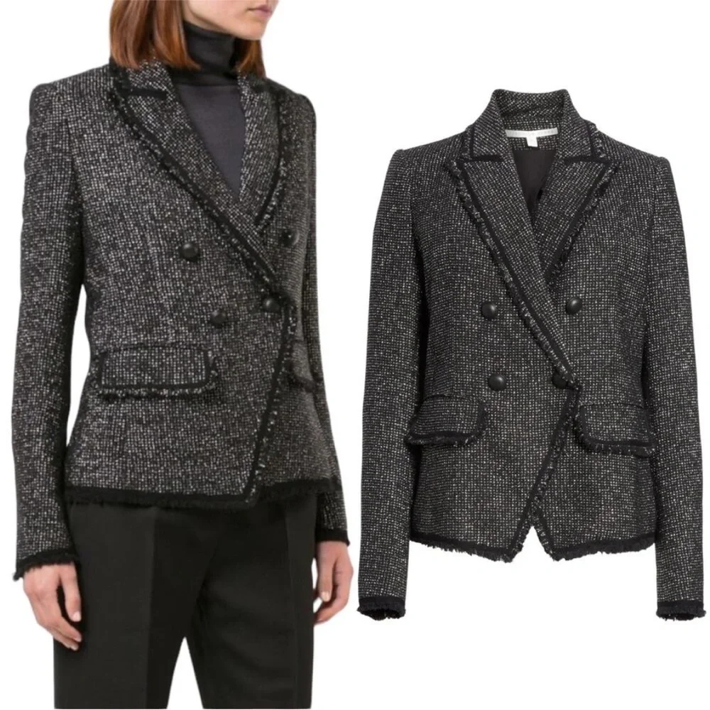 $650 Veronica Beard Frisco Black Tweed Dickey fringe Jacket Blazer Metallic Sz12
